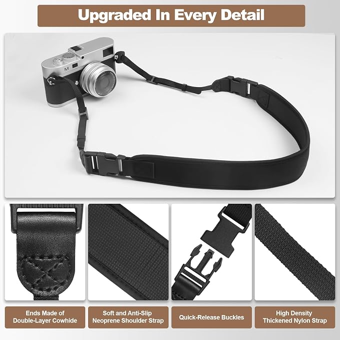 YFWE Adjustable Camera Neck Strap, Soft Neoprene Shoulder Belt with 4 Connection Ways, Anti-Slip Camera Strap for DSLR, Mirrorless & Camcorder, Travel & Outdoor Photography Gear - Image 5