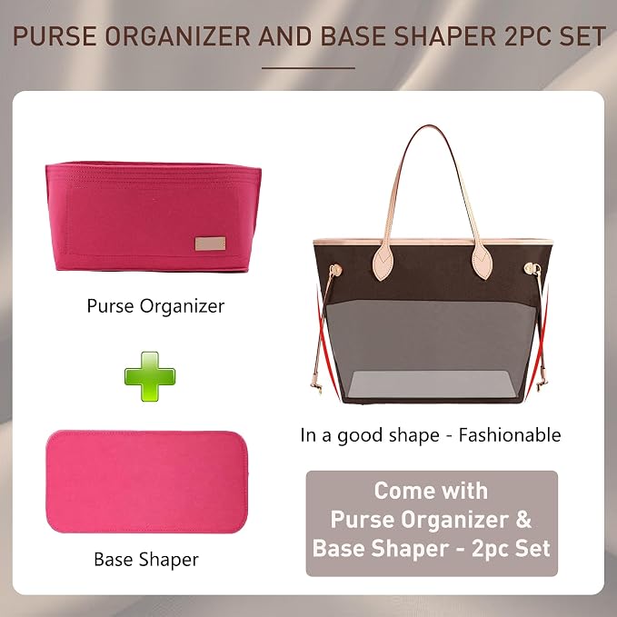 Doxo Purse Organizer Insert for Handbags & Base Shaper 2pc Set, Felt Neverfull GM Organizer Insert, Tote Bag Organizer with Zipper Pocket and Bottle Holder, Fit Neverfull GM and More, Rose-XL - Image 3