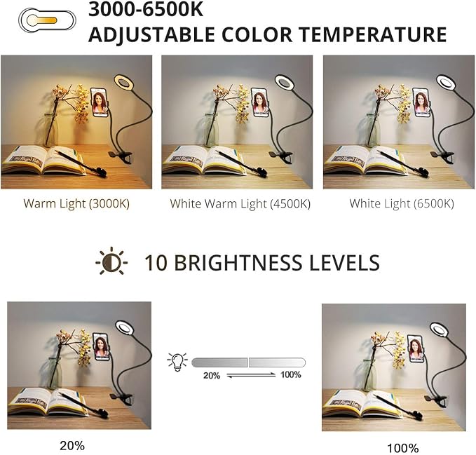 Clip on Light Reading Lights with Cell Phone Holder,Eye Protection Kids Desk Lamp, 360 ° Flexible Gooseneck Selfie Ring Light， LED Makeup Mirror Lights… (Selfie Ring Light with Cell Phone Holder) - Image 2