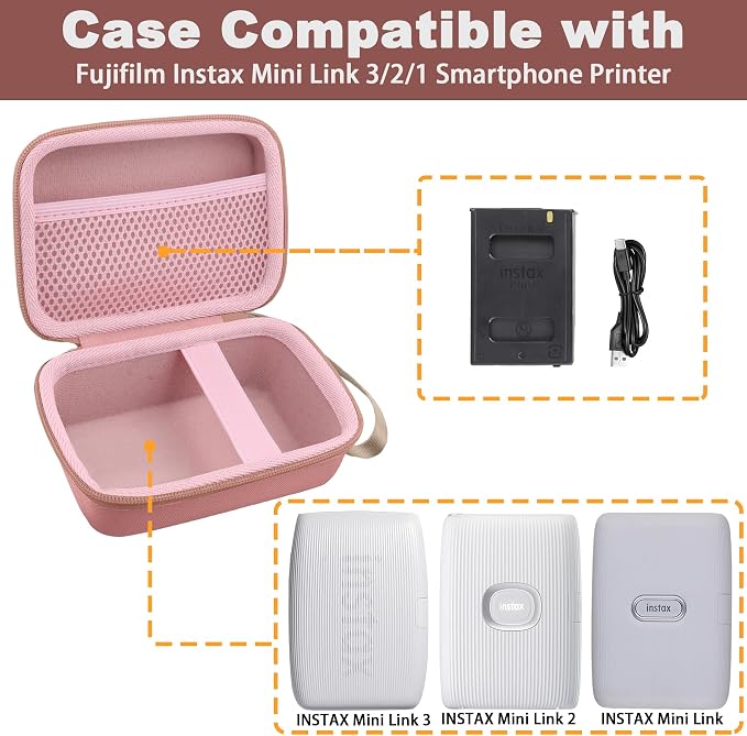 Hard Travel Case for Fujifilm Instax Mini Link+ & Link 3/2 Printer | Shockproof, With Handle, Hard Shell Exterior, Storage Compartment, Portable Carrying Box, Soft Pink Case - Image 5