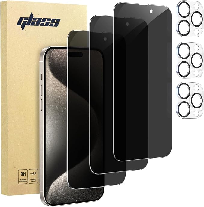 3 Pack Privacy Screen Protector for iPhone 15 Pro Max +3 Pack Camera Lens Protector with Tempered Glass,Sensitive Touch and Screen Protection by SpiralScgv