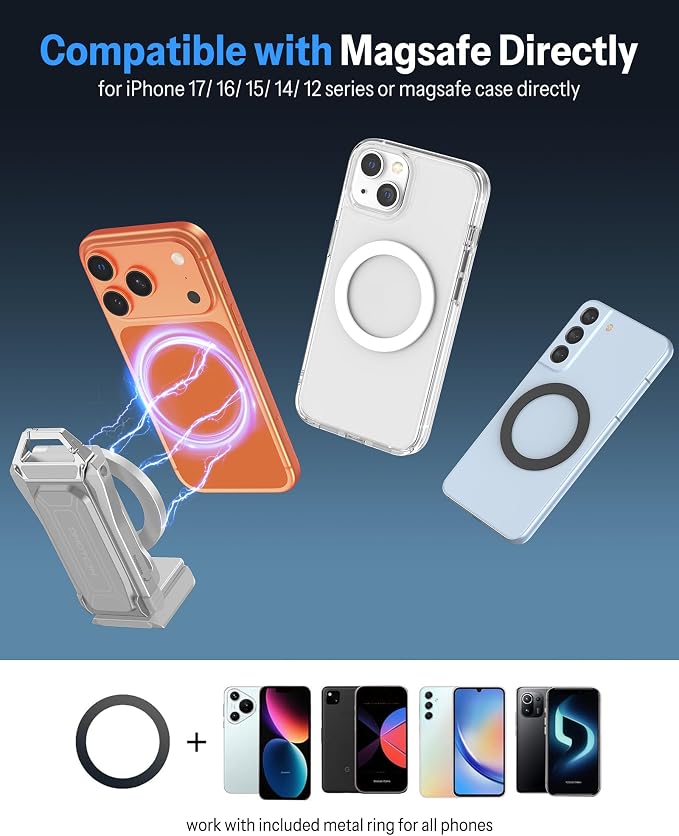 OMOTON TP02-Pro Magnetic Phone Holder, 5-in-1 Tripod Stand with Rear Attachment Plate | Desk, Kitchen, Gym, Vlogging | iPhone 12-17 Series, Silver - Image 9