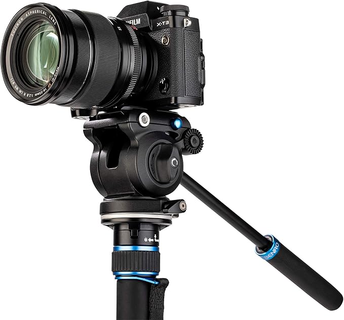 Benro Connect Video Monopod with S2 PRO Flat Base Fluid Video Head, Head Mounts to 3 Leg Base, 2.5kg Max, 3 Leg Folding Base w/Ball Lock, Flip Lock, Carrying Case - Image 4