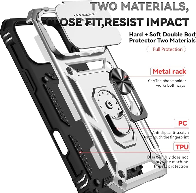 SunStory Phone Case for iPhone 17 Pro Max Case with HD Screen Protector & Slide Camera Cover & Rotated Ring Kickstand, [Military-Grade] Phone Case for iPhone 17 Pro Max, Silver - Image 8