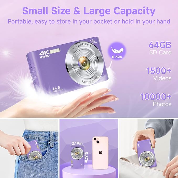 Digital Camera, FHD 4K Digital Camera for Kids Purple with 64GB SD Card 16X Digital Zoom, Cameras for Photography Compact Point and Shoot Camera for Teen Boys Girls Kids Autofocus Camera Digital - Image 6