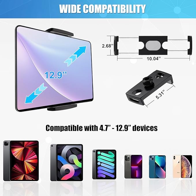 JCWINY Tablet Holder for Mic Stand, Adjustable iPad Mic Stand Mount, Tablet Holder with Clamp Mount for Pole Desk Kitchen Cabinet, Compatible with 4.7 to 12.9" iPad, iPhone, Android Smartphones - Image 6