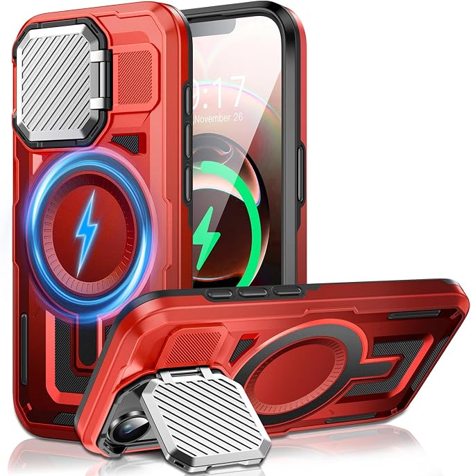 Camera Stand Case for iPhone 16E / 17E, [Compatible with Mag Safe] [Lens Cover] 2024 Version Military Grade Protective Soft Case for iPhone 16E / 17E 6.3 inch Men Women, Red by WASTROYAL