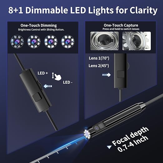 Endoscope Camera with Light, 1920P HD Borescope Inspection Camera | with 8 Adjustable LEDs, IP67 Waterproof Semi-Rigid Snake Cable for Android, iPhone, and iPad(32.8ft, Dual Lens) - Image 3