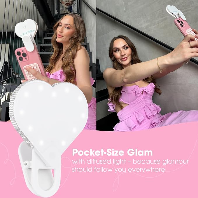 Riki Sweetheart Clip-On LED Makeup Mirror and Selfie Light, Rechargeable with Long-Lasting Battery, CRI 95+ for Phone, Laptop, and iPad, Film for TikTok, Instagram (White Sparkle) - Image 9
