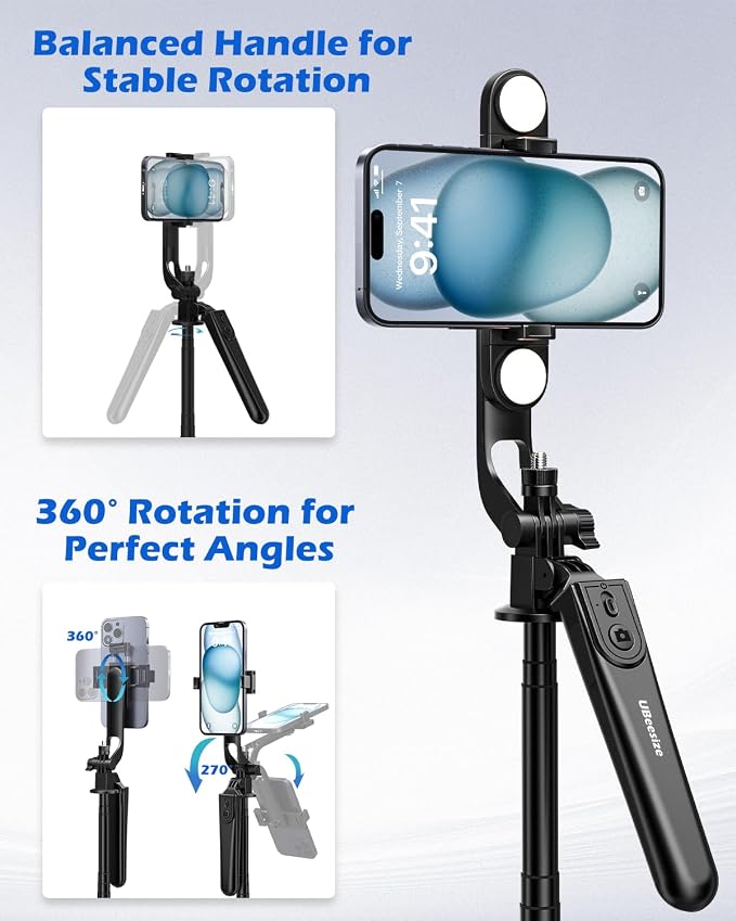 UBeesize 64'' Extendable Selfie Stick Tripod with Light & Remote | Compatible with iPhone, Android, GoPro & Camera, 360° Rotation & 270° Tilt, Foldable Design, Vlogging & Video Recording - Image 4