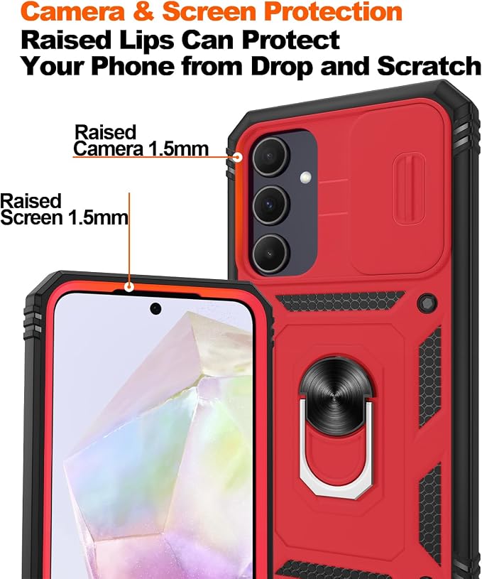 Gritup for Galaxy A35 5G Case Military-Grade Shockproof with Kickstand | with 2 PCS Screen Protector, Slide Camera Cover, Heavy Duty Outdoor Protection Funda para A 35 Phone Cover, Red+Black - Image 4