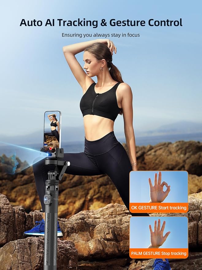 Rollei Auto Face Tracking Tripod, Smartphone Gimbal Stabilizer 61'' Selfie Stick Tripod Holder 360° Rotation for iPhone/Android Stand for Filming Streaming Tiktok Video Vlog - Image 3