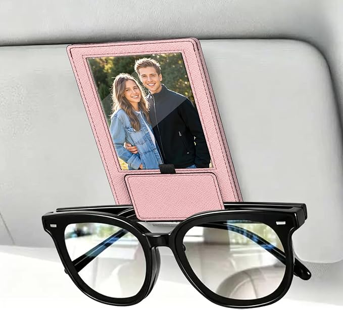 2-in-1 Car Visor Sunglasses & Photo Holder, Magnetic PU Leather Glasses Clip with Picture Display Slot, Universal Sun Visor Organizer for Eyeglasses, Personalized Cards & Memories, Dusty Pink by Unknown