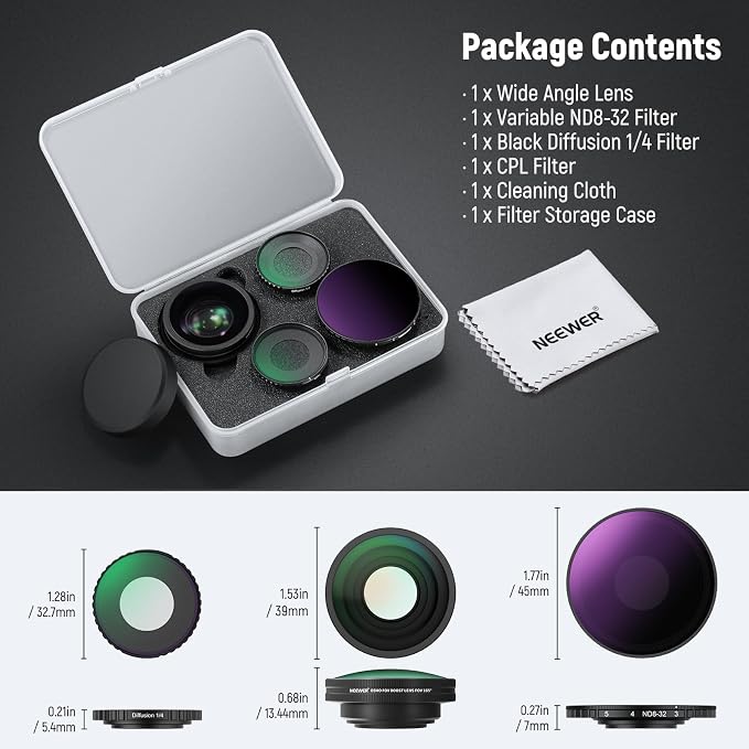 NEEWER ND Lens Filter Accessories Kit Compatible with DJI Osmo Action 5 Pro/4, HD Variable ND8-32 + CPL + Black Diffusion 1/4 for Mist Cinematic Effect + 185° Wide Angle Lens, FL-53 - Image 9