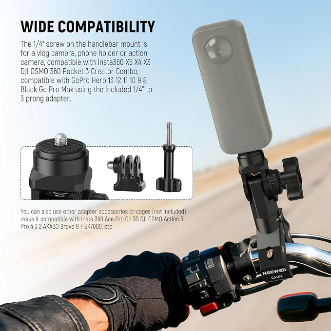NEEWER Motorcycle Bike Handlebar Clamp Action Camera Mount, CA161 | Heavy Duty Clip Holder, 1/4" Screw, 3 Prong Adapter, Compatible with Insta 360 X5 X4 Hero 13 12, POV Video Recording, CA161 - Image 2