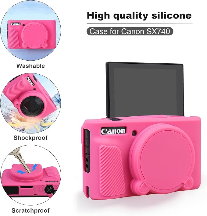 BOVKE Hard Case+Silicone Cover for Canon PowerShot SX740 HS Camera, Rosered | SX740 SX730 Digital Camera Shockproof EVA Storage Bag & Soft Silicone Protective Case with Removable Lens Cover, Wrist Strap - Image 4