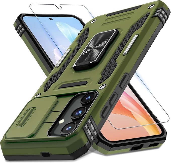 DEERLAMN Case for Samsung Galaxy S25 Plus/S24 Plus 6.7-Inch with Slide Camera Cover+Screen Protector(1 Pack), Rotated Ring Kickstand Military Grade Shockproof Protective Cover-Olive Green | 6.7-Inch by DEERLAMN