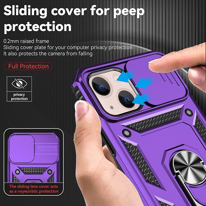 HNHYGETE for iPhone 13 Case with HD Screen Protector: [Military Grade 20ft. Drop Tested] Slide Camera Cover Ring Shockproof Protective Phone Case for - iPhone 13 (Purple) - Image 4