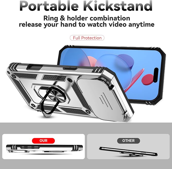 SunStory Phone Case for iPhone 17 Pro Max Case with HD Screen Protector & Slide Camera Cover & Rotated Ring Kickstand, [Military-Grade] Phone Case for iPhone 17 Pro Max, Silver - Image 2