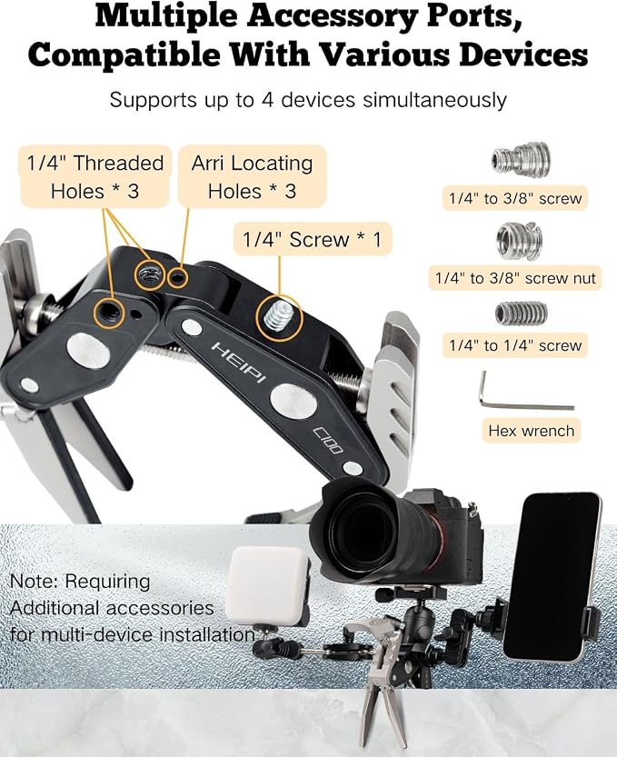 HEIPI C100 Super Clamp & Mini Ball Head & Panning Base, Max Clamping 3.93" | Clamp & stand design. Max clamping 3.93"/10cm. Dual screw mounts: 1/4"-20,3/8"-16. Compatible with phone, action camera, DSLR - Image 6