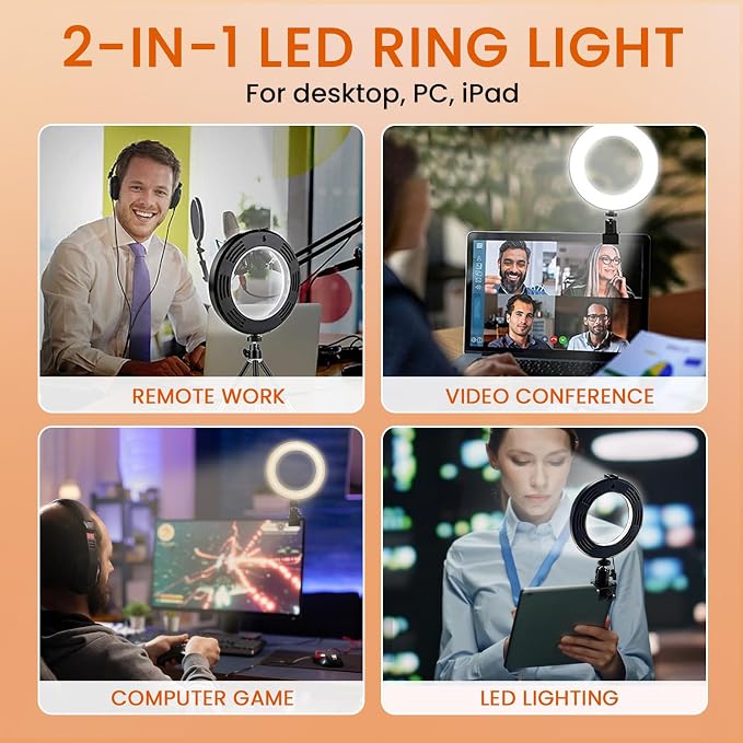 2 in 1 LED 6" Ring Light with Tripod Stand & Clamp for YouTube Video and Makeup, Mini LED Camera Light with Cell Phone Holder Desktop Lamp with 3 Light Modes & 11 Brightness Level - Image 3