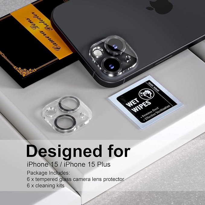 for 6 Pack iPhone 15 / iPhone 15 Plus Camera Lens Protector [Drop Protection] [Case Friendly] [Easy Installation] 9H Tempered Glass Camera Screen Protector Cover Accessories, CD Black - Image 2