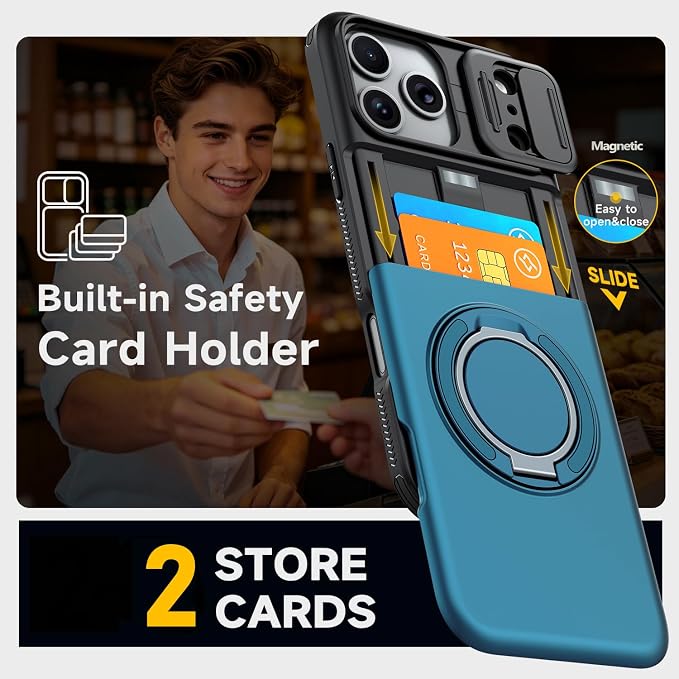for iPhone 17 Pro Wallet Case with Card Holder Slide Camera Cover Ring Stand Kickstand Heavy Duty Protective Case with Screen Protector for iPhone 17 Pro (Blue) - Image 3