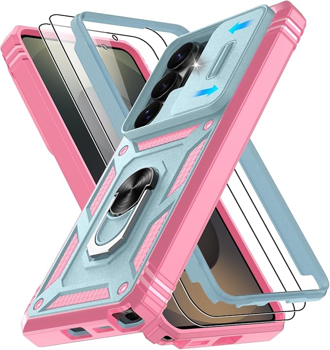 Gritup for Samsung Galaxy S26 Ultra Case: 2*Screen Protector | Slide Camera Cover | Build in 360° Rotating Ring Kickstand | Military Grade Protective Cover for Samsung S 26 Ultra, Green+Pink by Gritup