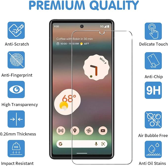 [3+3 Pack] Glass Screen Protector for Google Pixel 6a 5G, 9H Tempered Glass, Fingerprint Compatible,HD Clear Case Friendly Anti Scratch - Image 2