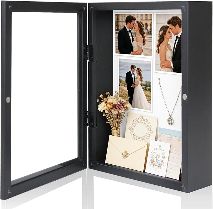 Muzilife 13x16 Shadow Box Wood Picture Frame, 2.16 Deep, Real Glass, Black | FSC-Wood, Magnetic Door, Linen Interior & Pins, Vertical, Horizontal Wall Hanging, Display Case Frame for Photos & Keepsakes by Muzilife