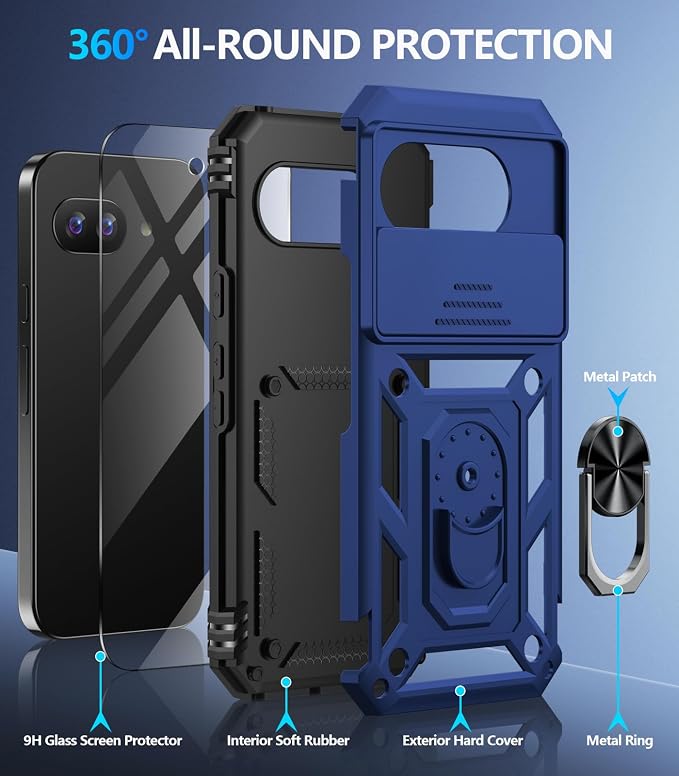 Taisairu for Google Pixel 9A Case with Screen Protector & Slide Camera Lens Cover,Built-in 360°Rotate Magnetic Ring Stand Shockproof Protective Phone Case for Google Pixel 9A Case (Blue) - Image 2