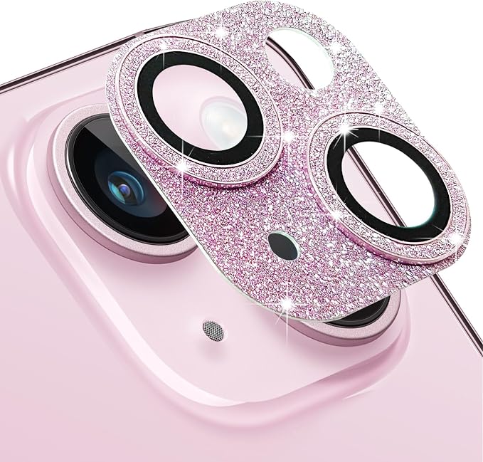 Compatible with iPhone 15 & iPhone 15 Plus Camera Lens Protector, Bling 3D Rhinestone Diamond 9H Tempered Glass Camera Cover Anti Scratch Shockproof Lens Screen Full Protective Cover - Pink by Hsefo
