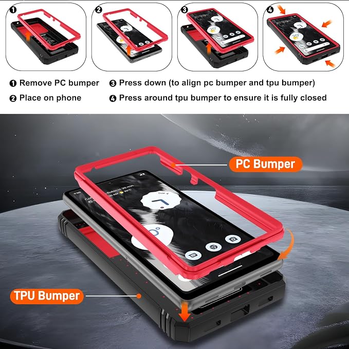 Gritup Phone Case for Google Pixel 7A Case with Slide Camera Cover | 2 Pack Screen Protector, Build in 360° Rotating Ring Kickstand, Military Grade Shockproof Protective Red+Black - Image 4