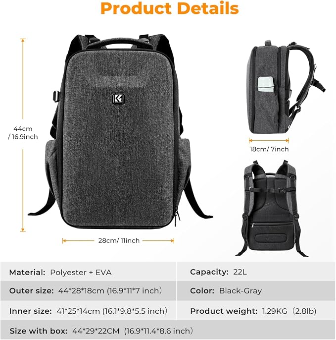 K&F CONCEPT Camera Backpack,Hardshell Photography DSLR Camera Bag | 15-15.6 Inch Laptop Compartment, Waterproof, Hard Shell Camera Case, Compatible with Canon/Nikon/Sony/DJI Mavic Drone, B07 - Image 7