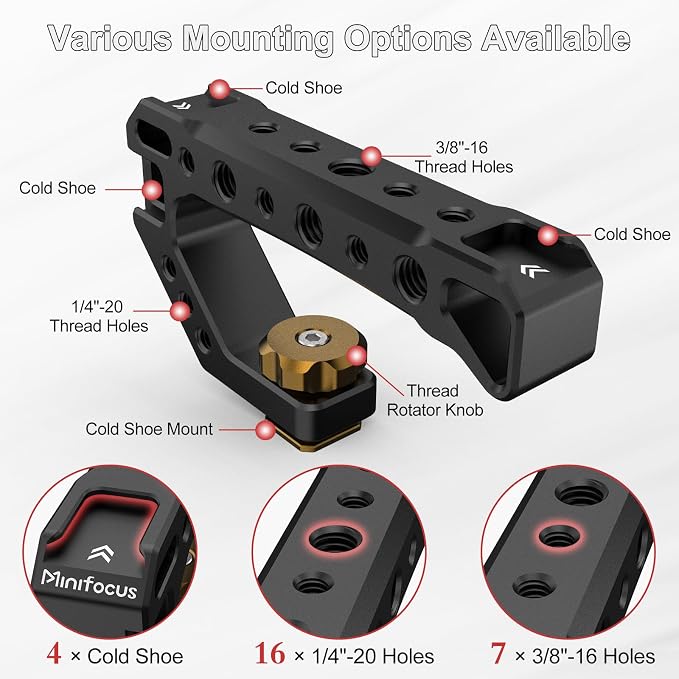 Top Handle with Cold Shoe Mount, Lightweight Handle Grip for Camera Cage, Universal Camera Top Handgrip with 4 Cold Shoe and 1/4" & 3/8" Holes for Camera Cage, Microphone, LED Light, Monitor - Image 4
