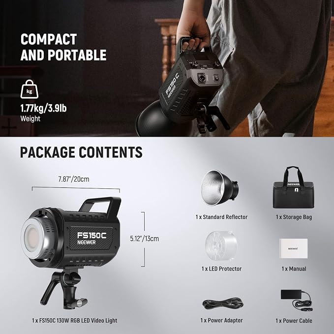 NEEWER FS150C 130W RGB LED Video Light with App/2.4G Control 17 Effects | 2500-7500K, 19800lux/1m, COB Continuous Lighting Output, CRI97/TLCI98, 4 Dimming Curves, Bowens Mount Spotlight Studio Shoots - Image 9