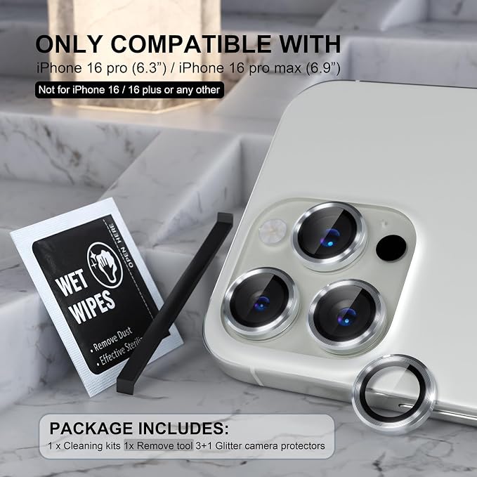 Choiche for iPhone 16 Pro/iPhone 16 Pro Max Camera Lens Protector | Ultra HD, 9H Tempered Glass Camera Cover Screen Protector Metal Ring Decoration Accessories (Silver) - Image 2