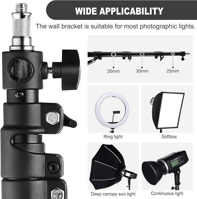Ring Light Wall Mount Adjustable 45.7" Boom Arm Stand for Photography Lighting Studio, Camera Triangle Wall Mount, Sturdy Alloy Support for Salon, Tatto Light, Barber Shop, Strobe - Image 2