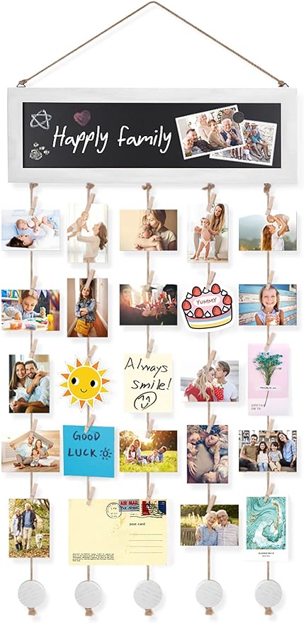 Bikoney Hanging Picture Frame Collage with Blackboard - White | Rustic Wood Polaroid Board with 30 Clips, Photo Display for Wall Decor & Dorm Room, Perfect Graduation Gift Idea by Bikoney