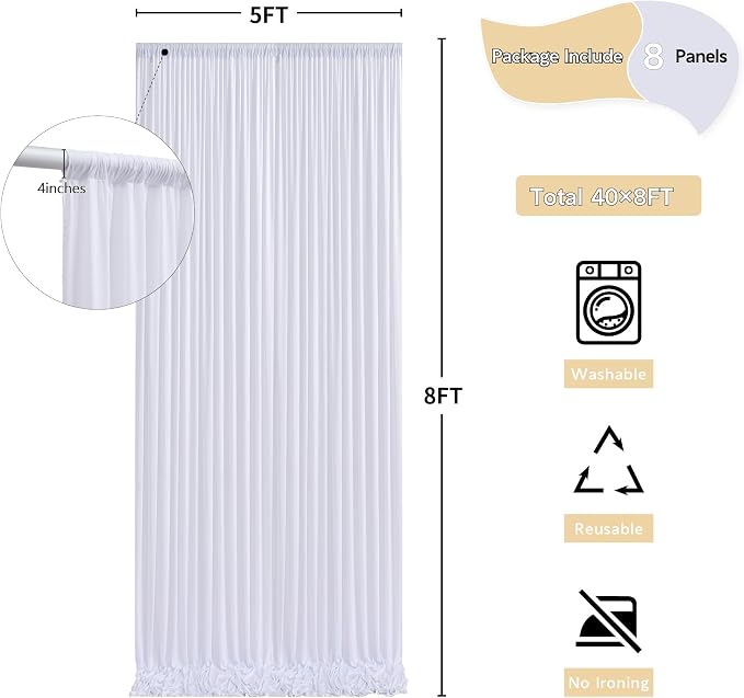 40 ft x 8 ft White Backdrop Curtain Drapes for Wedding Parties, 8 Panels 5 ft x 8 ft Wrinkle Free Polyester Photo Backdrop Drapes for Birthday Party Baby Shower Backdrop Stand - Image 5