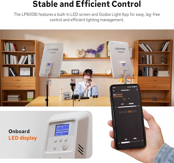 Godox LP800Bi 85W Bi-Color LED Video Light w/Stand, 2800K-6500K, 0-100% Dimmable LED Panel Light, 180°Adjustable Angle, APP Control, CRI96+ TLCI98+, Studio Soft Light for Video Photography - Image 6