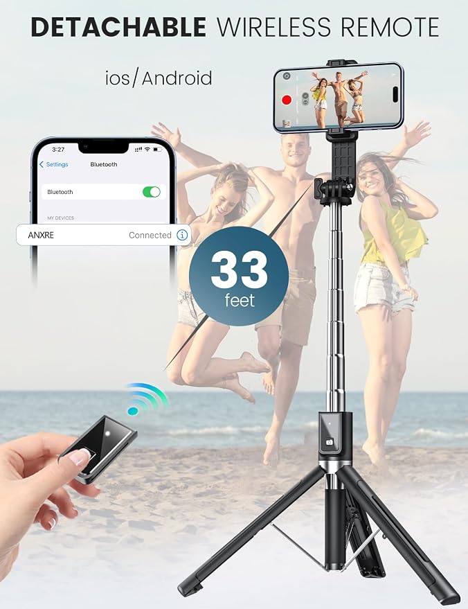 ANXRE Travel Selfie Stick Tripod with Fill Light＆Wireless Detachable Remote | Reinforced Stable Base, Extendable, 50" Phone Tripod Stand for Film & Vlog Compatible with iPhone Samsung Cellphone Gopro - Image 4