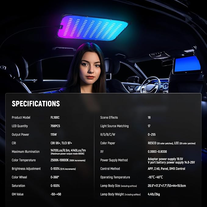 NEEWER 115W Flexible LED Video Light, Studio RGB Panel Light Mat Kit with Softbox APP/2.4G/DMX Control 2500K-10000K 14700lx/0.5m CRI96+, Key Lighting for Photography Streaming Video Recording, FL100C - Image 8