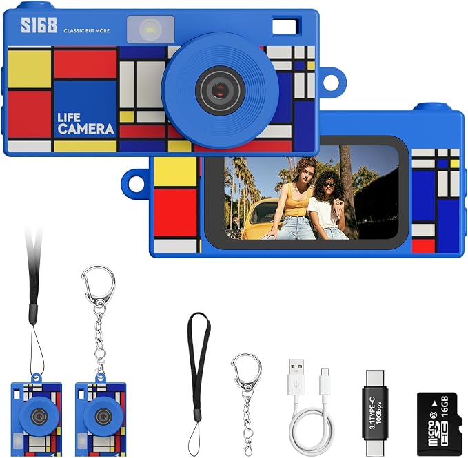 Mini Keychain Digital Camera, Y2K Retro Pocket Camera with 1.47 Inch Screen, 1440P Video, 2MP Photos, 16GB Card, Flash, Type C, Tiny Vintage Camcorder for Kids Teens Travel Vlog (Blue) by Dienspeak