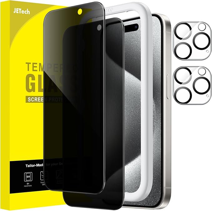 JETech Privacy Screen Protector for iPhone 15 Pro, 2+2 Pack | Anti-Spy Tempered Glass, with Camera Lens Protector, Easy Installation Tool by JETech
