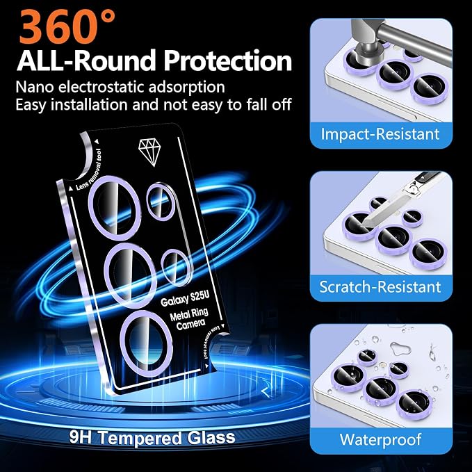 for Samsung Galaxy S25 Ultra Camera Lens Protector, Individual Metal Ring Tempered Glass Lens Cover, [Strong Adsorption] Scratch Resistant Ultra-Thin HD Clear Lens Cover, 1 Set-Purple Shine - Image 4