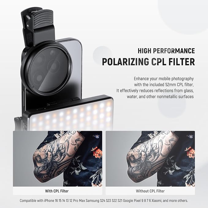 NEEWER Basics LED Selfie & Tattoo Light Compatible with iPhone, Clip on CPL Filter/Tripod Stand/Phone Holder, Fill Lighting Remove Reflection for Art Food Jewelry Photography Video Recording, BL120B | Clip on CPL Filter/Tripod Stand/Phone Holder, Fill ... - Image 6