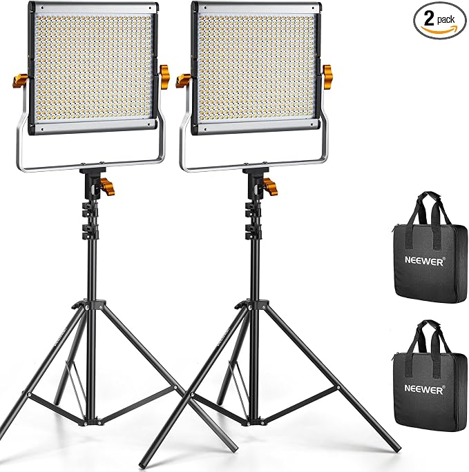 Neewer 2 Packs Dimmable Bi Color 480 LED Video Light Kit, 3200~5600K CRI 96+ LED Panel with U Bracket, 75 inches Tripod Light Stand for YouTube Recording Studio Photography Streaming Key Lighting by Neewer