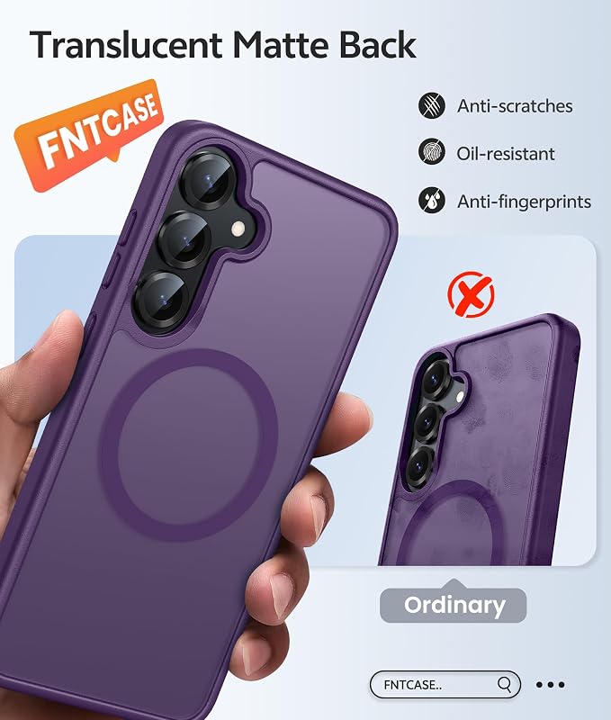 FNTCASE for Samsung Galaxy S25/S24 Case, Fit for Magsafe, Screen Protector | Translucent Matte Magnetic Back, 14FT Military Grade Drop Protection, Shockproof Protective Phone Cover, Purple - Image 6
