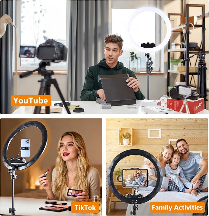 19" Ring Light with Stand, 75" Tripod Rolling Wheels, Phone & ipad Holders | 3 Color Modes & 6300K Dimmable LED Light, Large Ring light for Photography Streaming Video Recording Barber Tattoo Makeup - Image 7